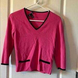Pink V-Neck Sweater with Black Trim
